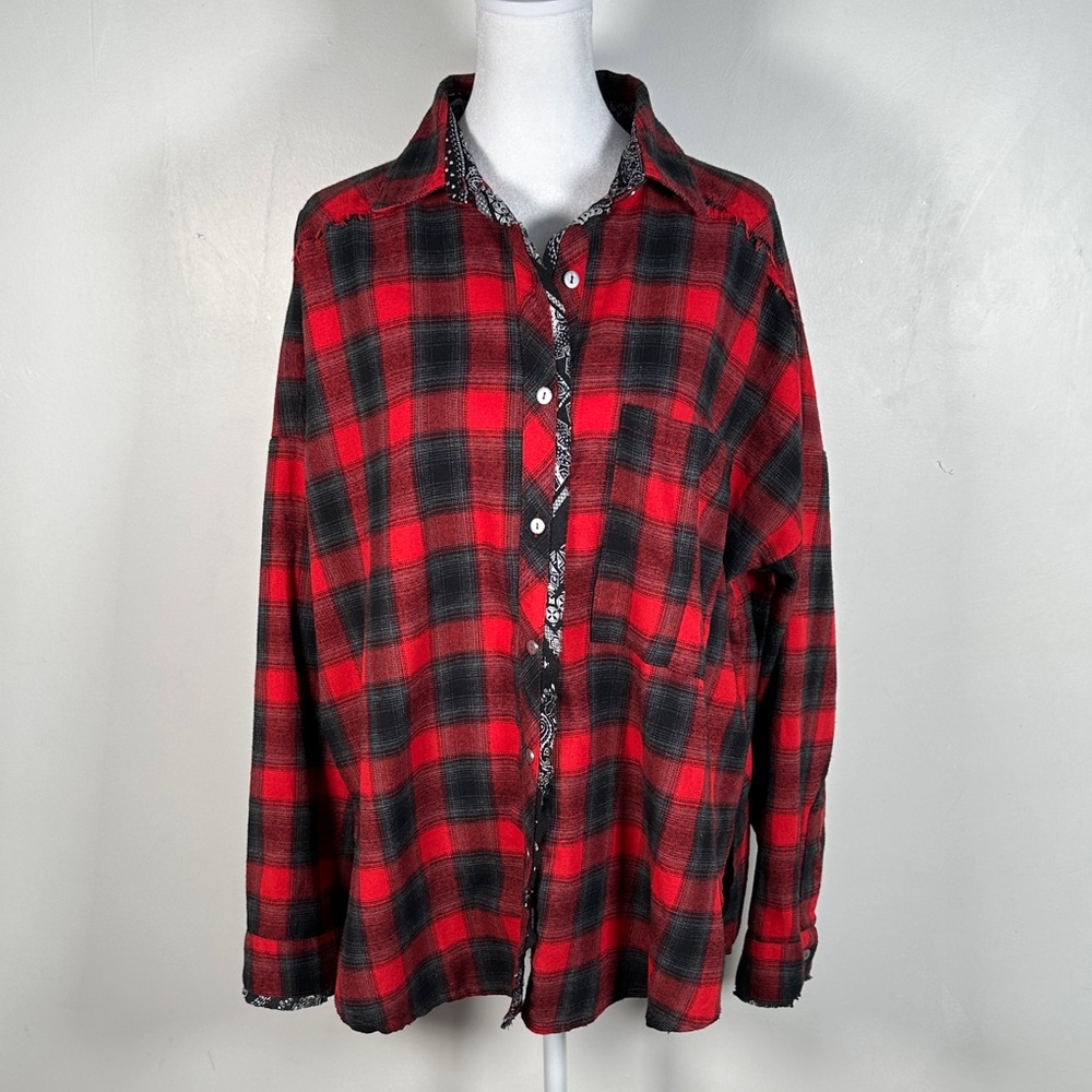 POL Oversized Distressed Plaid Button Down Top Medium Red And Black